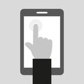 Hand touching icon. One finger clicks the button on the smart phone. Vector illustration in flat style with long shadow.